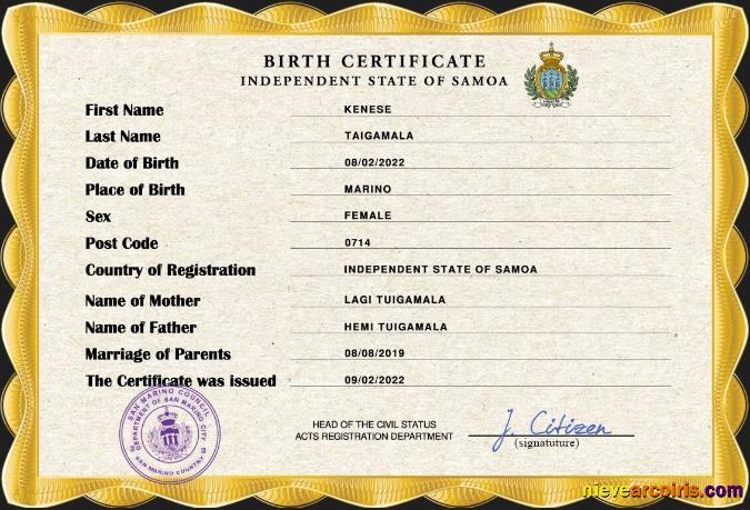 Samoa vital record birth certificate